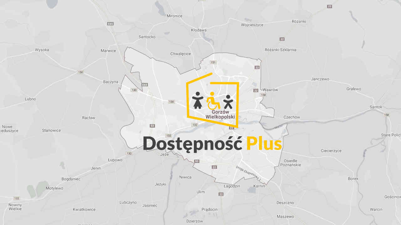 Mapa z Gorzowem Wielkopolskim a na niej kolorowe logo Dostępność Plus