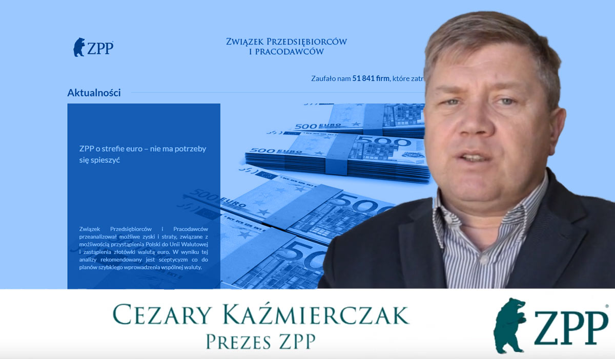 Cezary Kaźmierczak prezes Związku Pracodawców Polskich na tle strony internetowej z analizą wstąpienia Polski do strefy Euro