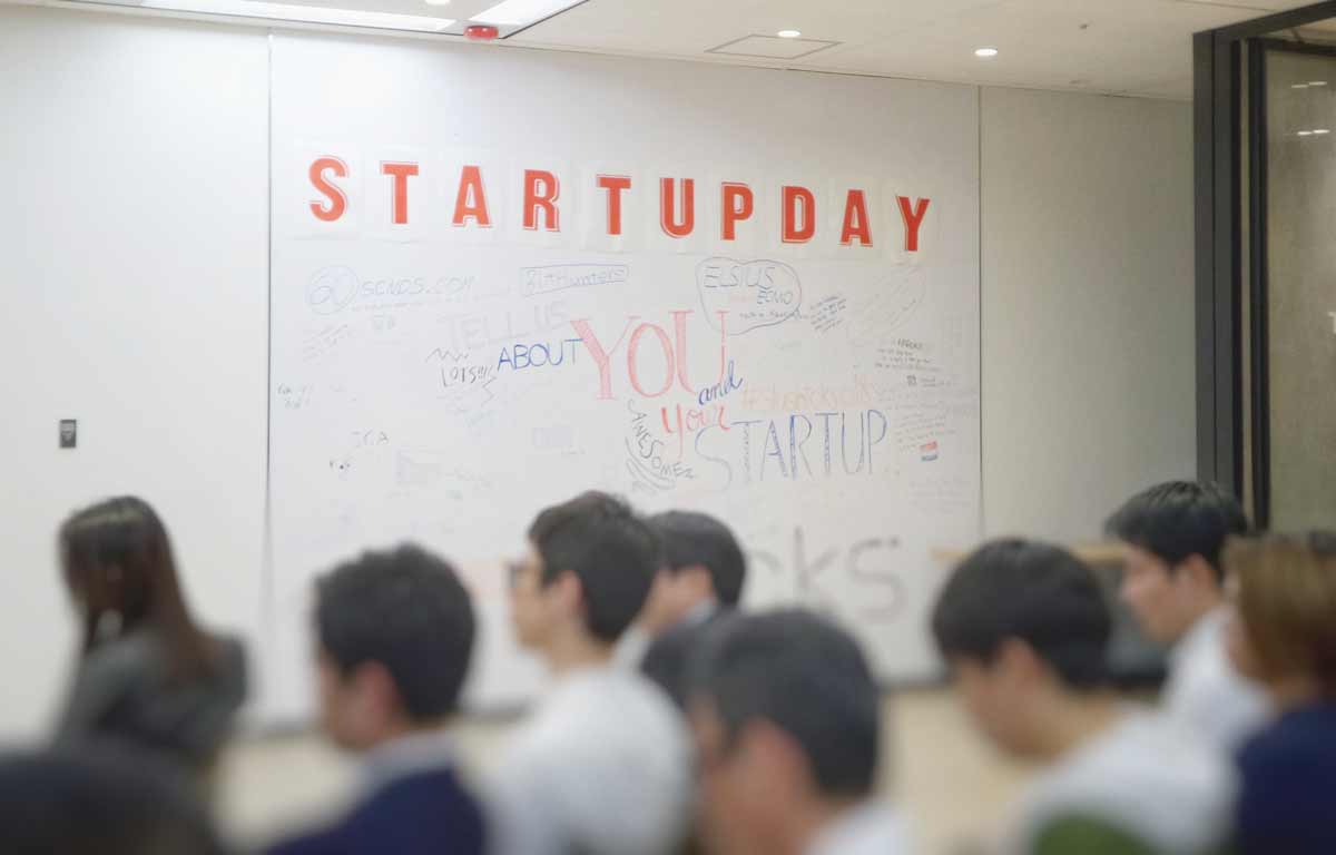 Sala pełna ludzi na tablicy napis Startup day