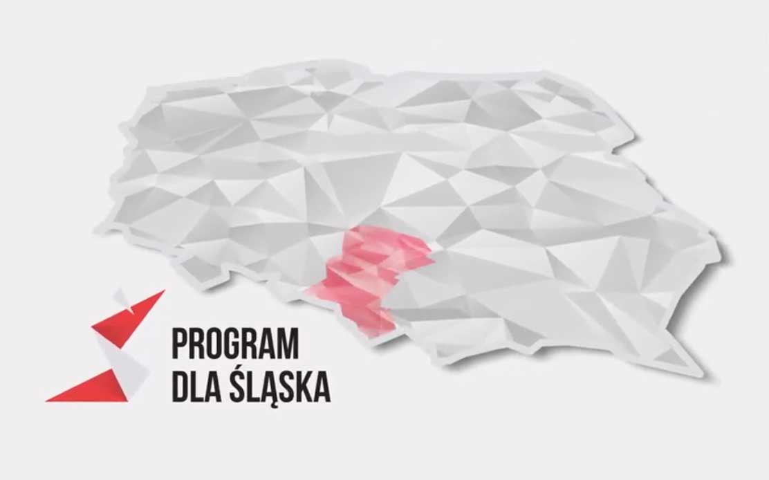 Program dla Śląska. Logo programu, szary trójwymiarowy model Polski z wyróżnionym Śląskiem